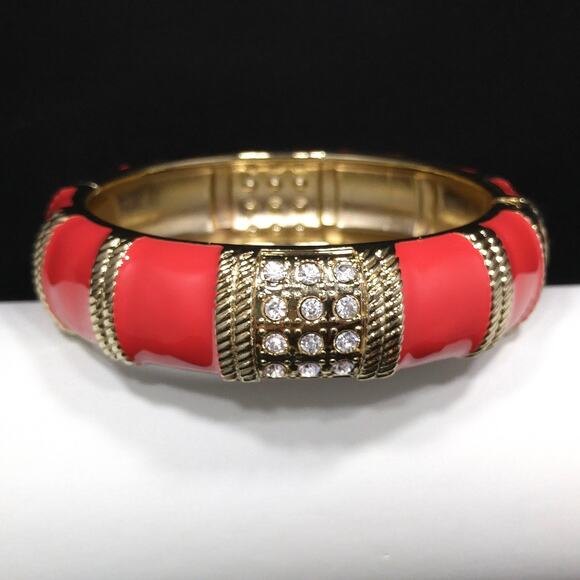 Red Enamel Gold Tone Hinged Bracelet, Clear Rhinestones, 1980s Vintage Jewelry - Picture 1 of 10